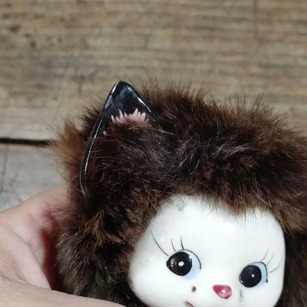 Vintage 50s Sweet Anthropomorphic Black Fuzzy Fur Cat Figurine Kitsch Japan